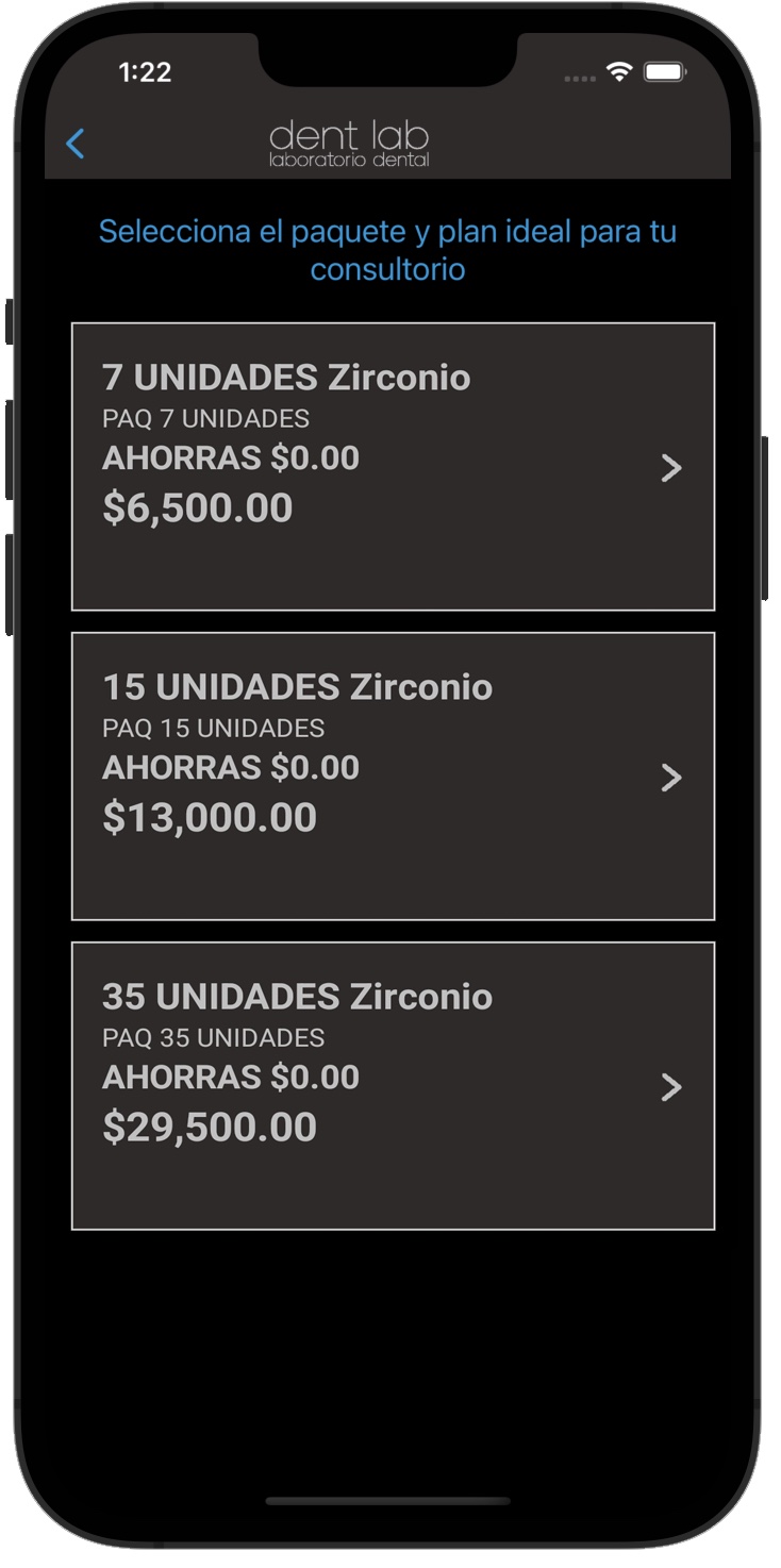 Pantalla de la app de Dent Lab con los paquetes de zirconio de 7, 15 y 35 unidades y su precio en pesos