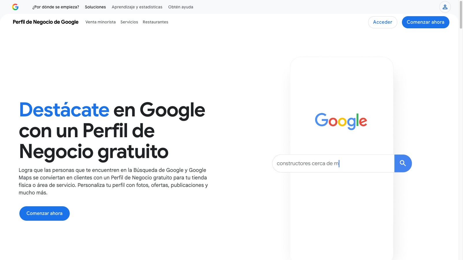 Página oficial de Perfil de Negocio de Google con el titular sobre crear un perfil gratuito y el botón Comenzar ahora