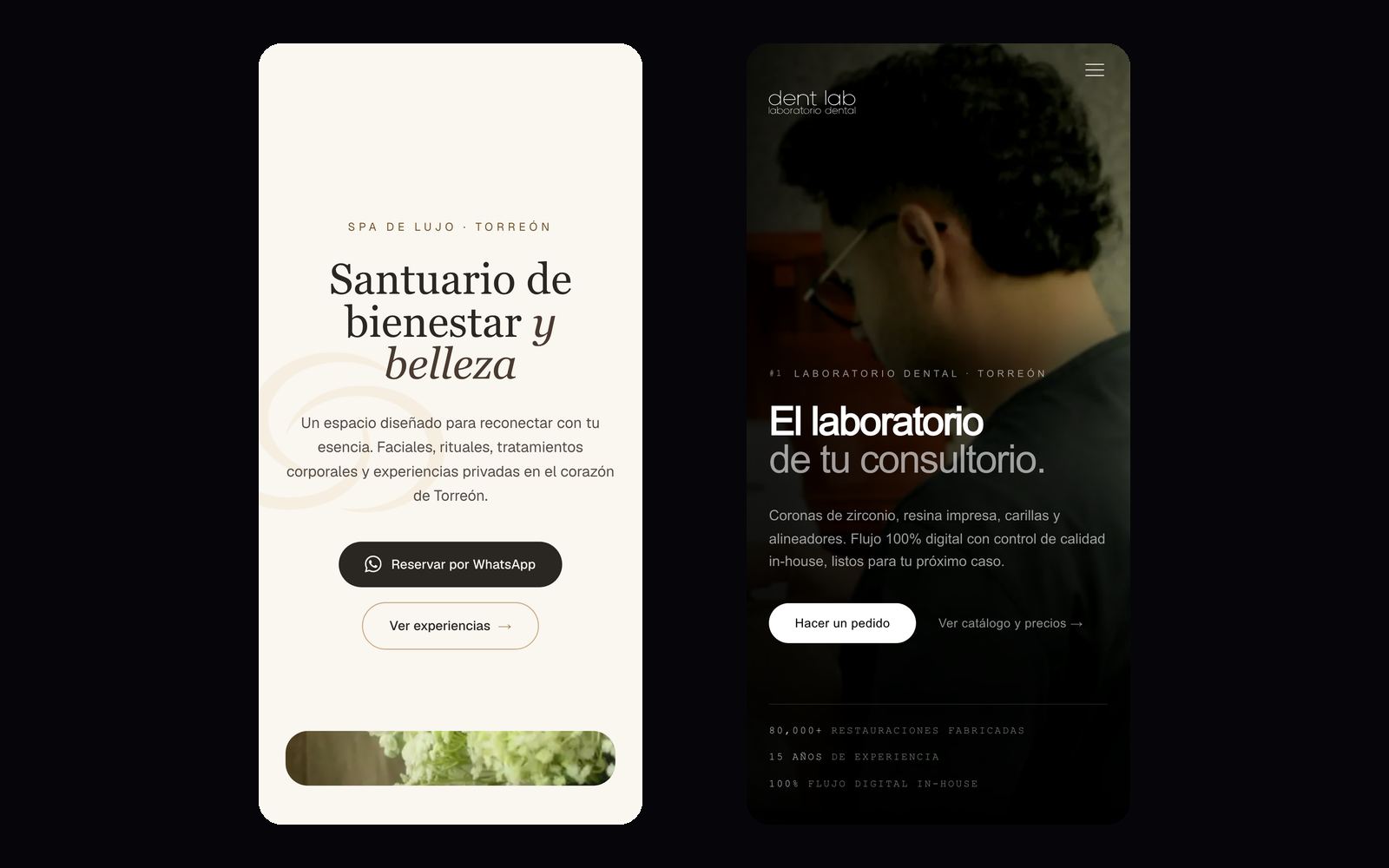 Las páginas de un spa y de un laboratorio dental de Torreón vistas en celular, con textos legibles y botones al tamaño del pulgar